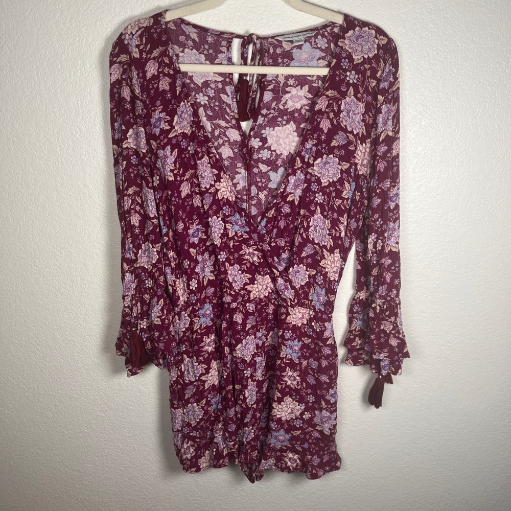 American Eagle Floral Romper Burgundy Bell Sleeve Tassel Boho Womens Sz M